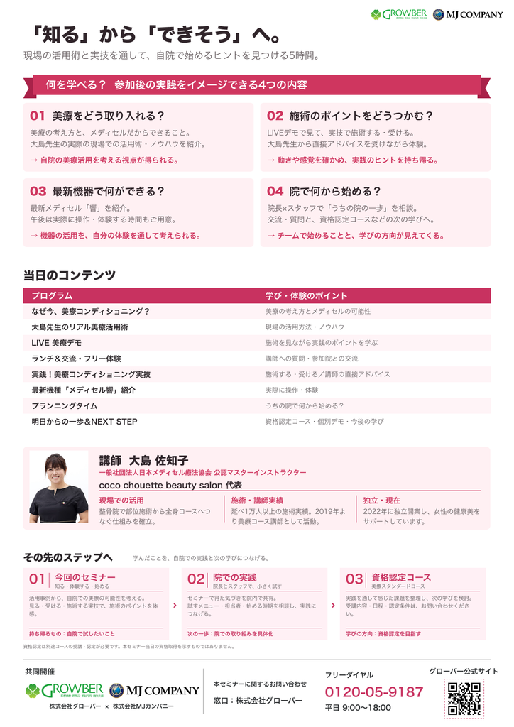 東北メディセル 美療活用セミナーのチラシ裏面（プログラム・講師紹介）
